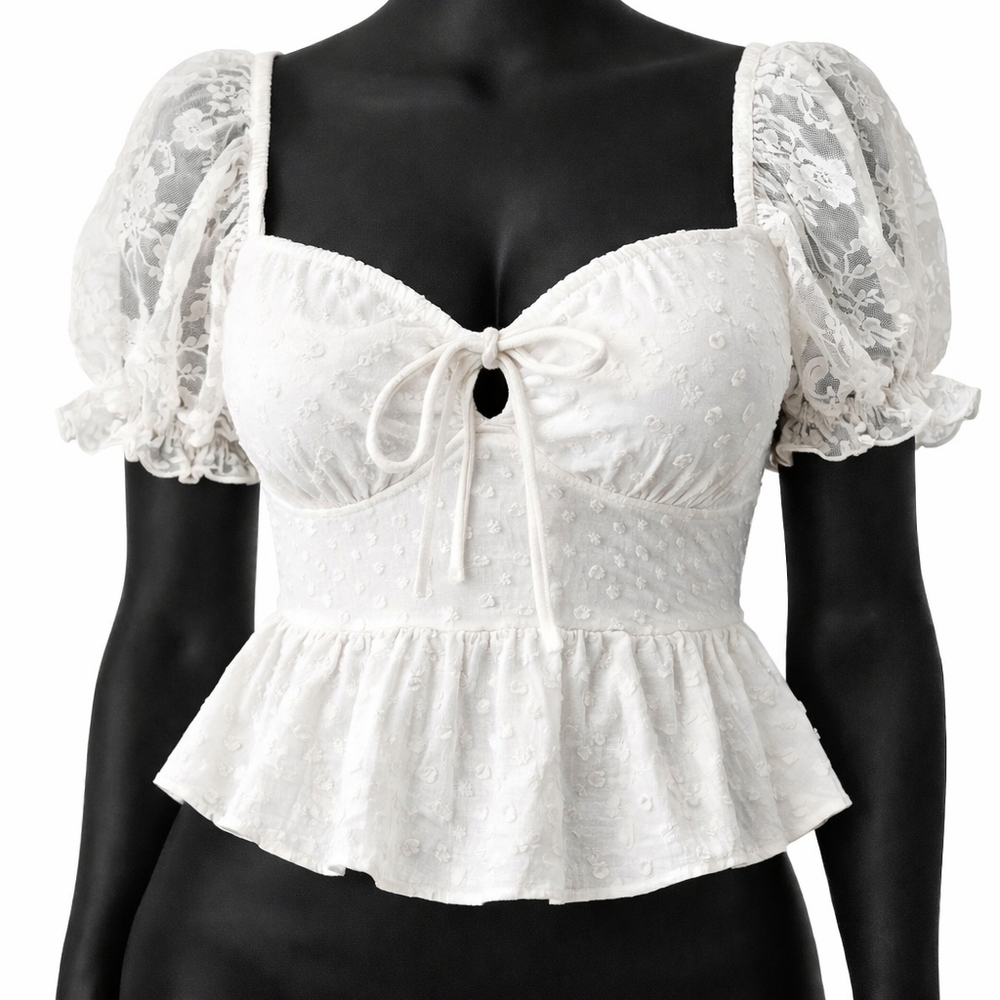 Chic white lace blouse with puff sleeves bow and peplum hem Barbie Boho Coquette